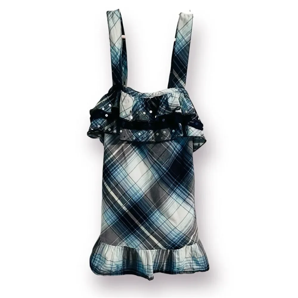 Justice Sequin Ruffle Blue Plaid Tank Top Silver Theead Trim Girls 12